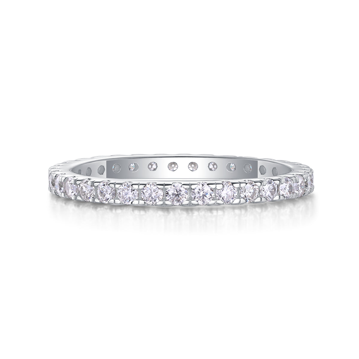 Radiant moissanite eternity ring in 925 sterling silver with pave set stones, elegant minimalist band jewelry