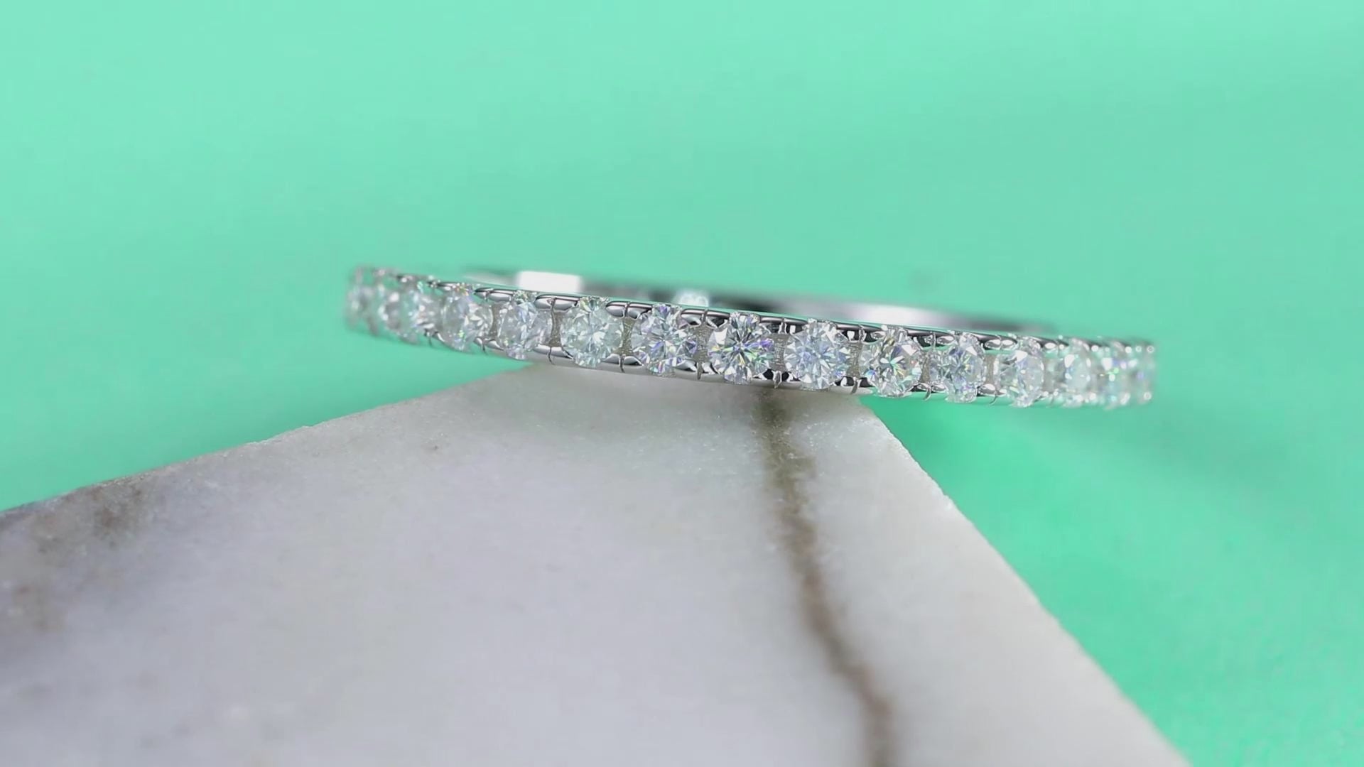 Radiant moissanite eternity ring in 925 sterling silver with pave set stones, elegant minimalist band jewelry